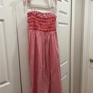 J.Crew Red & White Striped Smocked Maxi Dress